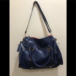 Navy blue leather- tote cross shoulder strap